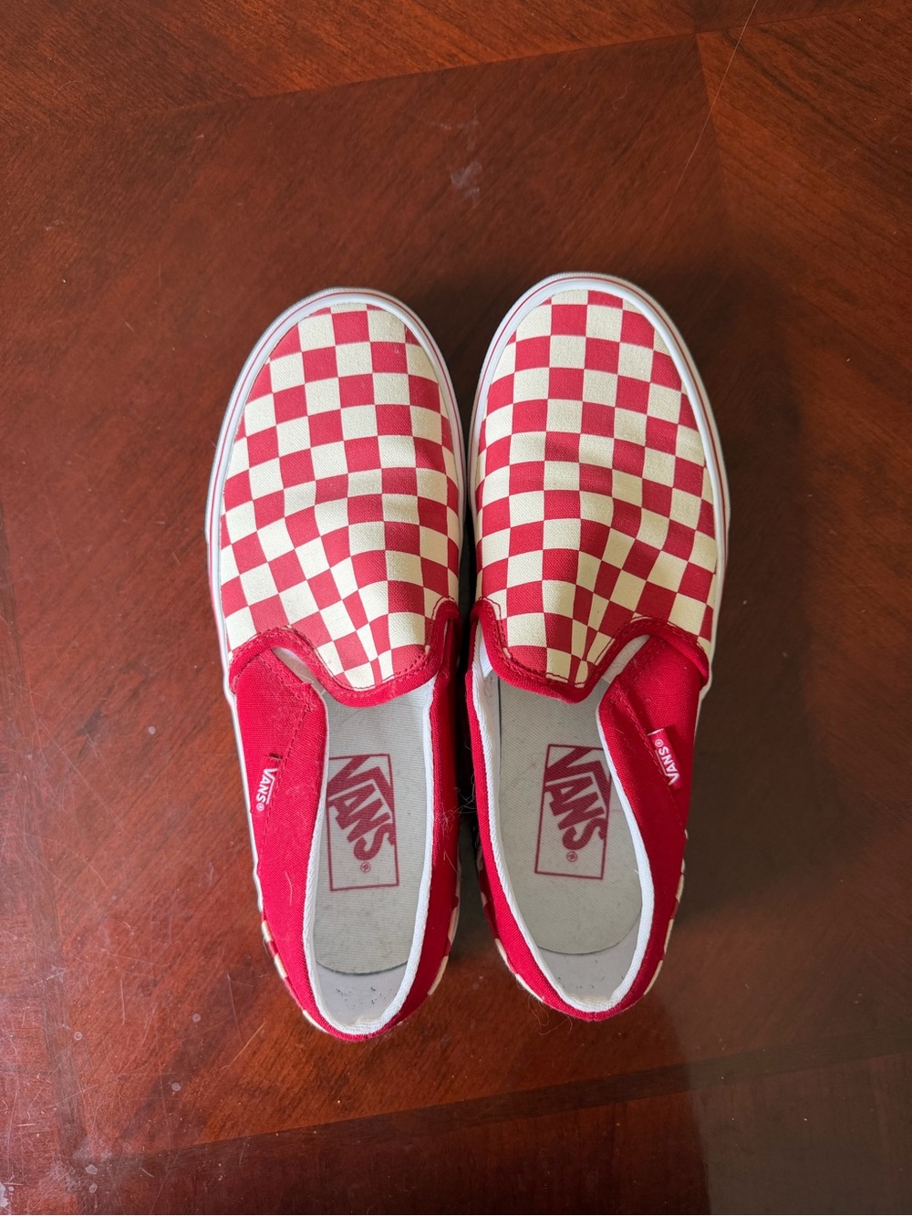 Vans Women’s Classic Slip-On Checkerboard Shoes in Red/Cream